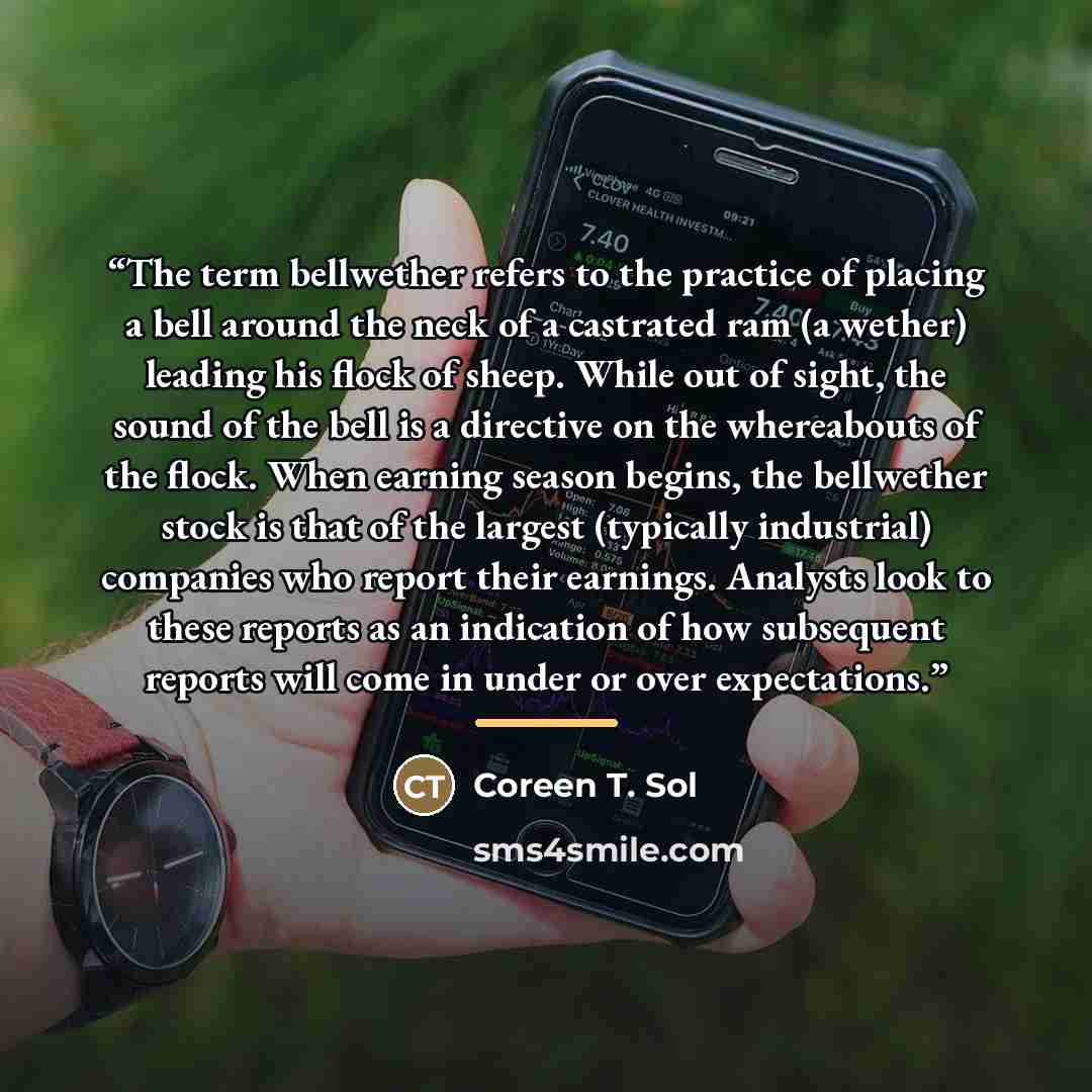 “The term bellwether refers to the practice of placing a bell around the neck of a castrated ram (a wether) leading his flock of sheep. While out of sight, the sound of the bell is a directive on the whereabouts of the flock. When earning season begins, the bellwether stock is that of the largest…” quote by Coreen T. Sol