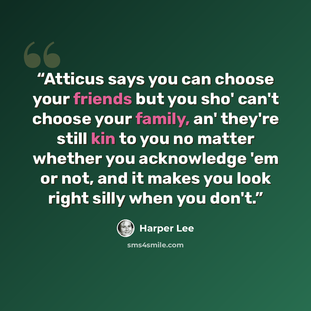 “Atticus says you can choose your friends but you sho' can't choose your family, an' they're still kin to you no matter whether you acknowledge 'em or not, and it makes you look right silly when you don't.” quote by Harper Lee