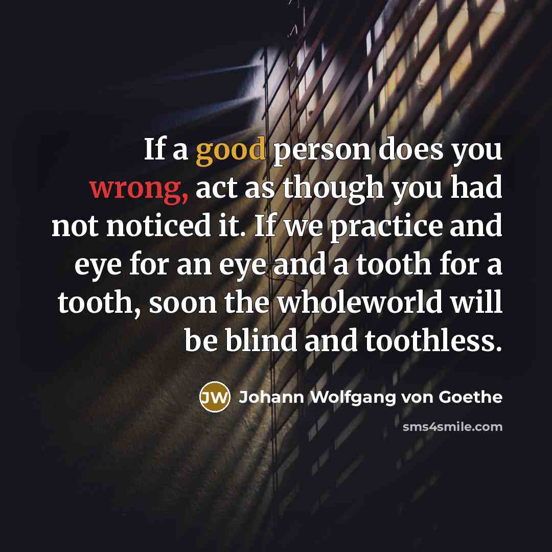 “If a good person does you wrong, act as though you had not noticed it. If we practice and eye for an eye and a tooth for a tooth, soon the wholeworld will be blind and toothless.” quote by Johann Wolfgang von Goethe