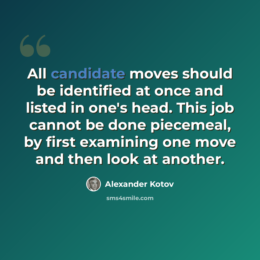 “All candidate moves should be identified at once and listed in one's head. This job cannot be done piecemeal, by first examining one move and then look at another.” quote by Alexander Kotov