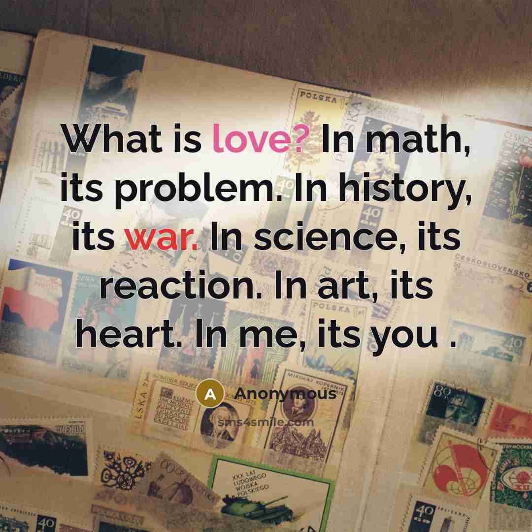 “What is love? In math, its problem. In history, its war. In science, its reaction. In art, its heart. In me, its you .” quote by Anonymous