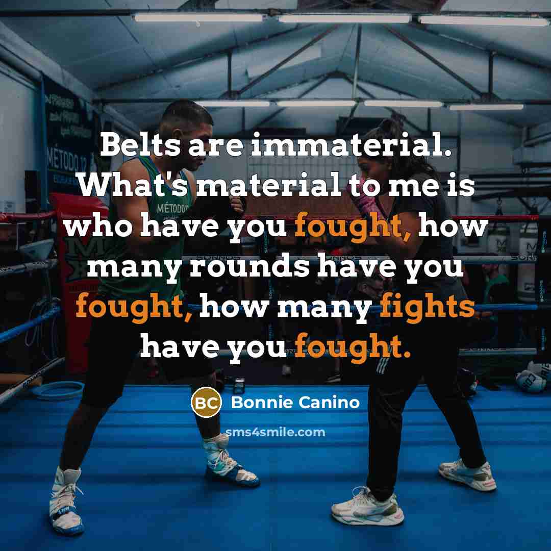 “Belts are immaterial. What's material to me is who have you fought, how many rounds have you fought, how many fights have you fought.” quote by Bonnie Canino