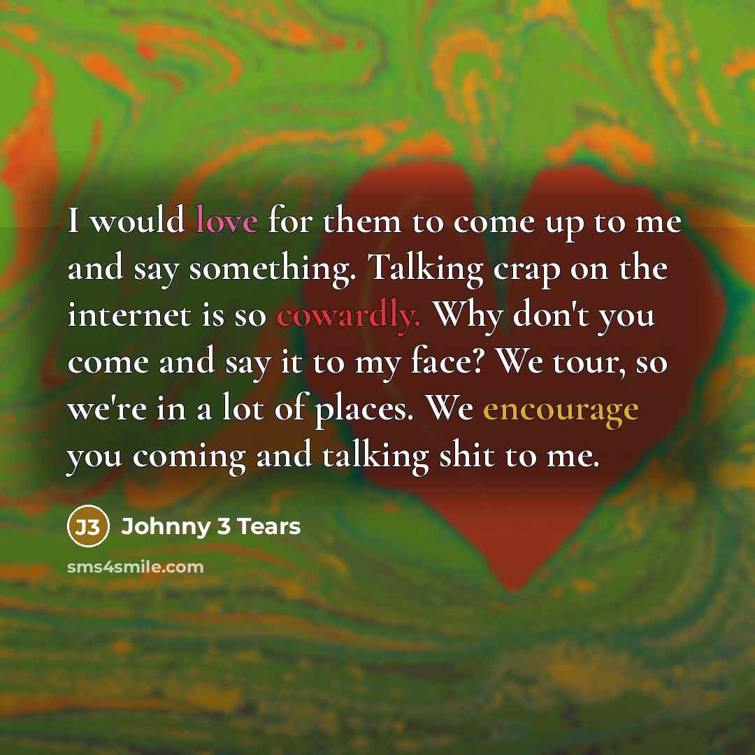 “I would love for them to come up to me and say something. Talking crap on the internet is so cowardly. Why don't you come and say it to my face? We tour, so we're in a lot of places. We encourage you coming and talking shit to me.” quote by Johnny 3 Tears