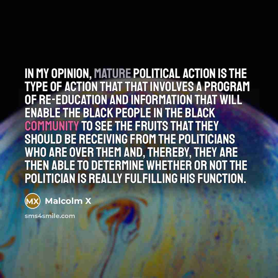 “In my opinion, mature political action is the type of action that that involves a program of re-education and information that will enable the black people in the black community to see the fruits that they should be receiving from the politicians who are over them and, thereby, they are then able…” quote by Malcolm X
