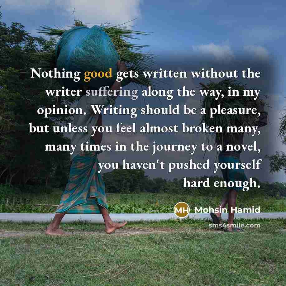 “Nothing good gets written without the writer suffering along the way, in my opinion. Writing should be a pleasure, but unless you feel almost broken many, many times in the journey to a novel, you haven't pushed yourself hard enough.” quote by Mohsin Hamid