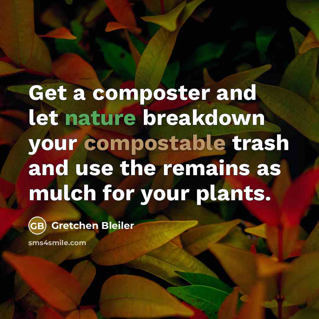 “Get a composter and let nature breakdown your compostable trash and use the remains as mulch for your plants.” quote by Gretchen Bleiler
