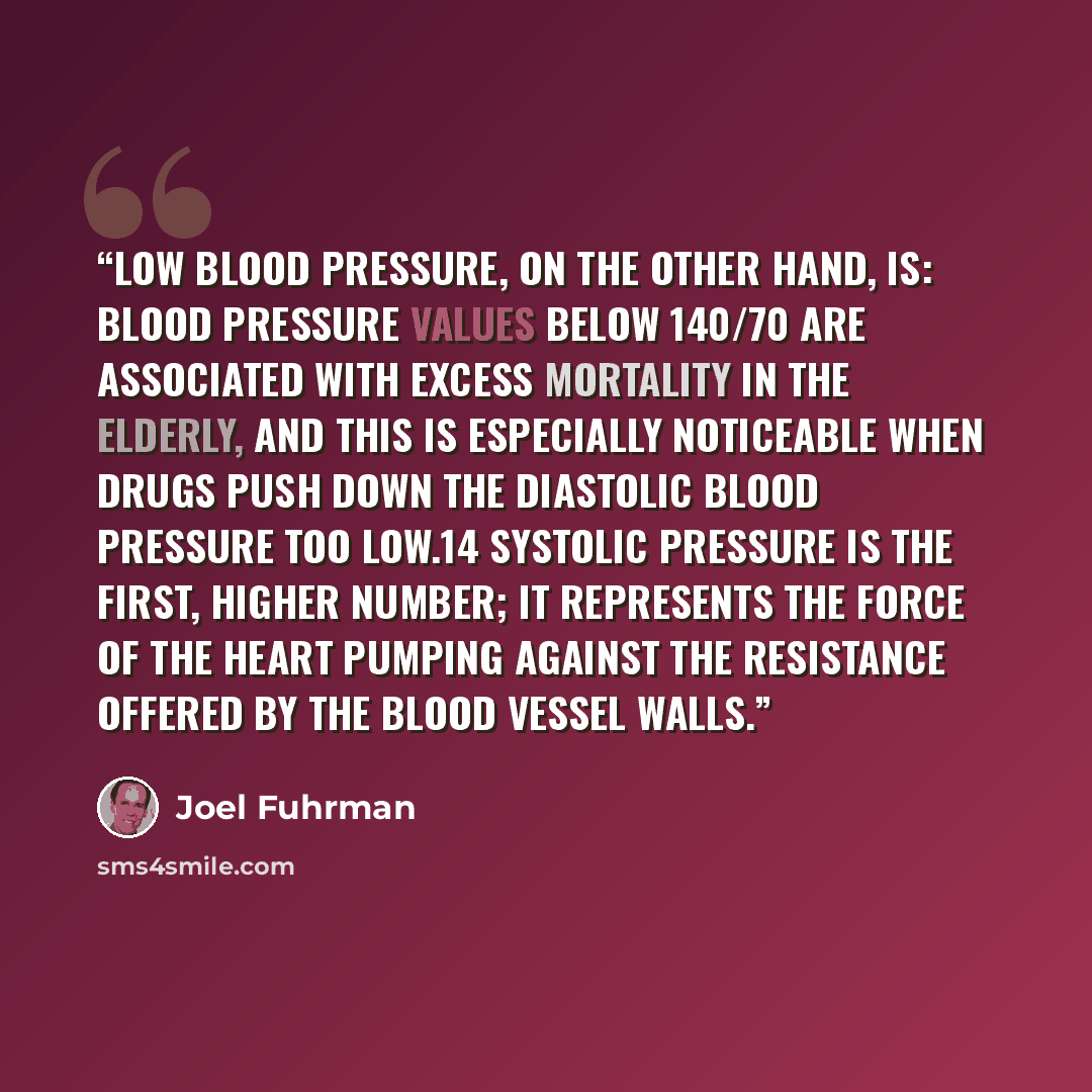 “Low blood pressure, on the other hand, is: blood pressure values below 140/70 are associated with excess mortality in the elderly, and this is especially noticeable when drugs push down the diastolic blood pressure too low.14 Systolic pressure is the first, higher number; it represents the force…” quote by Joel Fuhrman