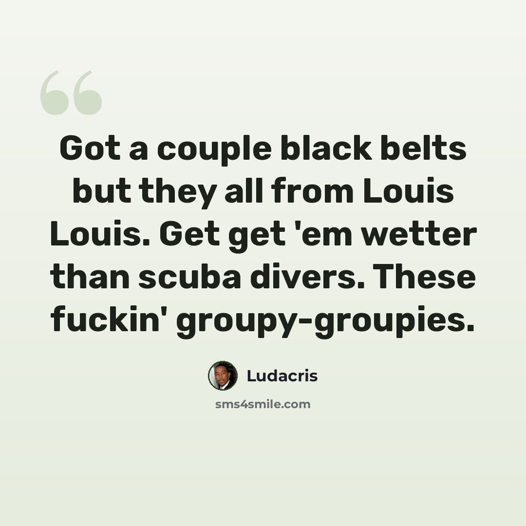 “Got a couple black belts but they all from Louis Louis. Get get 'em wetter than scuba divers. These fuckin' groupy-groupies.” quote by Ludacris