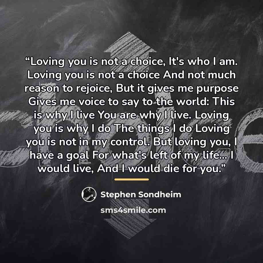 “Loving you is not a choice, It's who I am. Loving you is not a choice And not much reason to rejoice, But it gives me purpose Gives me voice to say to the world: This is why I live You are why I live. Loving you is why I do The things I do Loving you is not in my control. But loving you, I have a…” quote by Stephen Sondheim