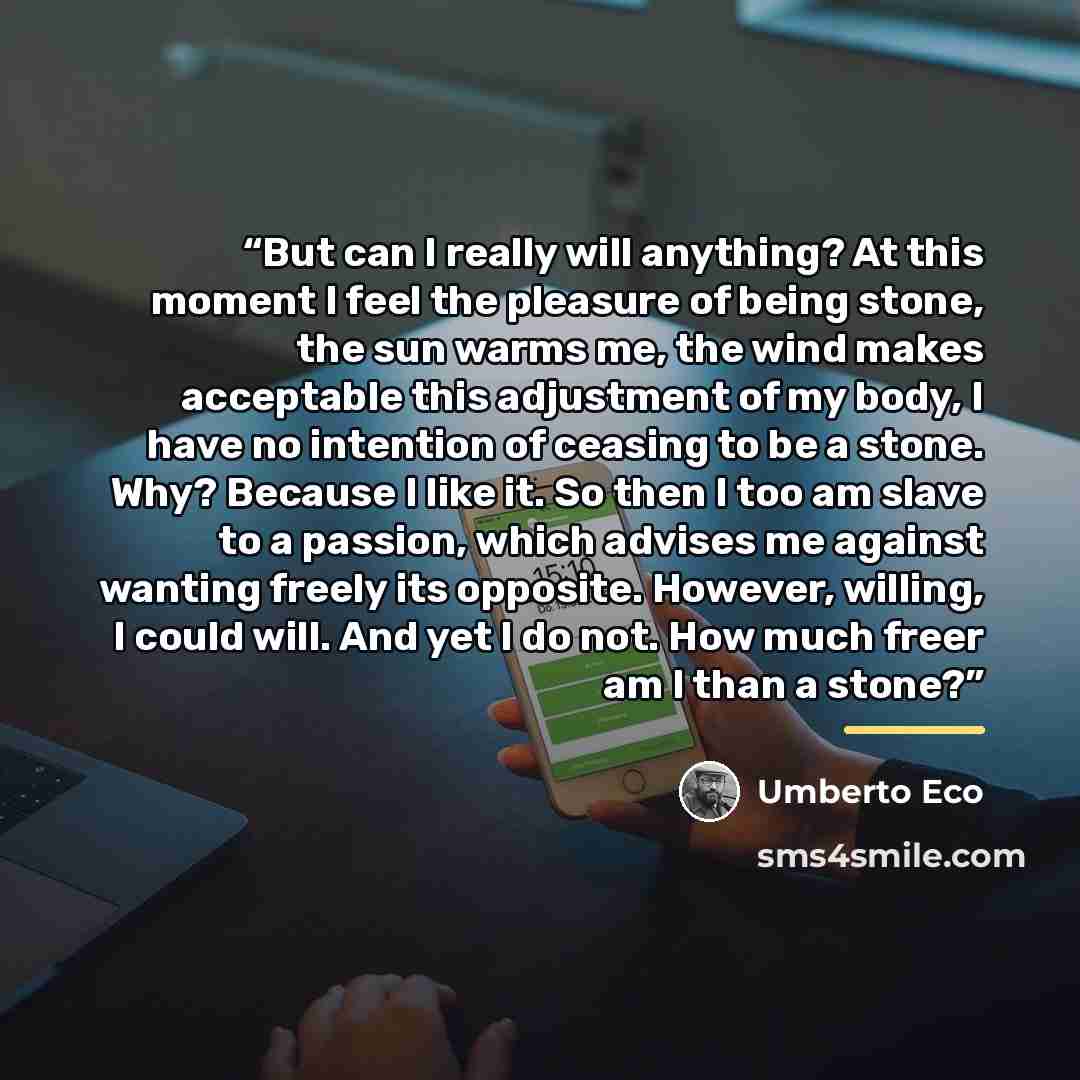 “But can I really will anything? At this moment I feel the pleasure of being stone, the sun warms me, the wind makes acceptable this adjustment of my body, I have no intention of ceasing to be a stone. Why? Because I like it. So then I too am slave to a passion, which advises me against wanting…” quote by Umberto Eco