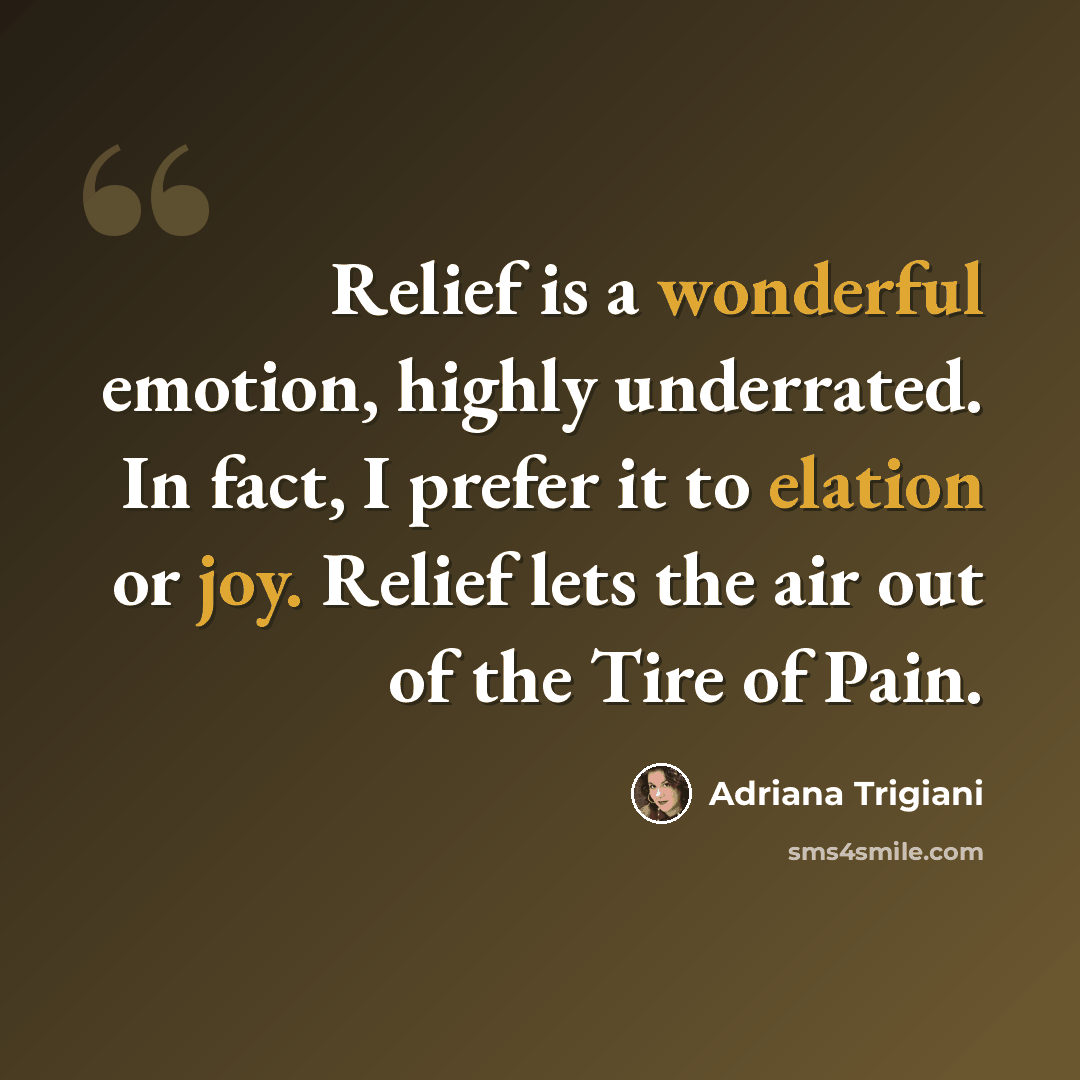 “Relief is a wonderful emotion, highly underrated. In fact, I prefer it to elation or joy. Relief lets the air out of the Tire of Pain.” quote by Adriana Trigiani