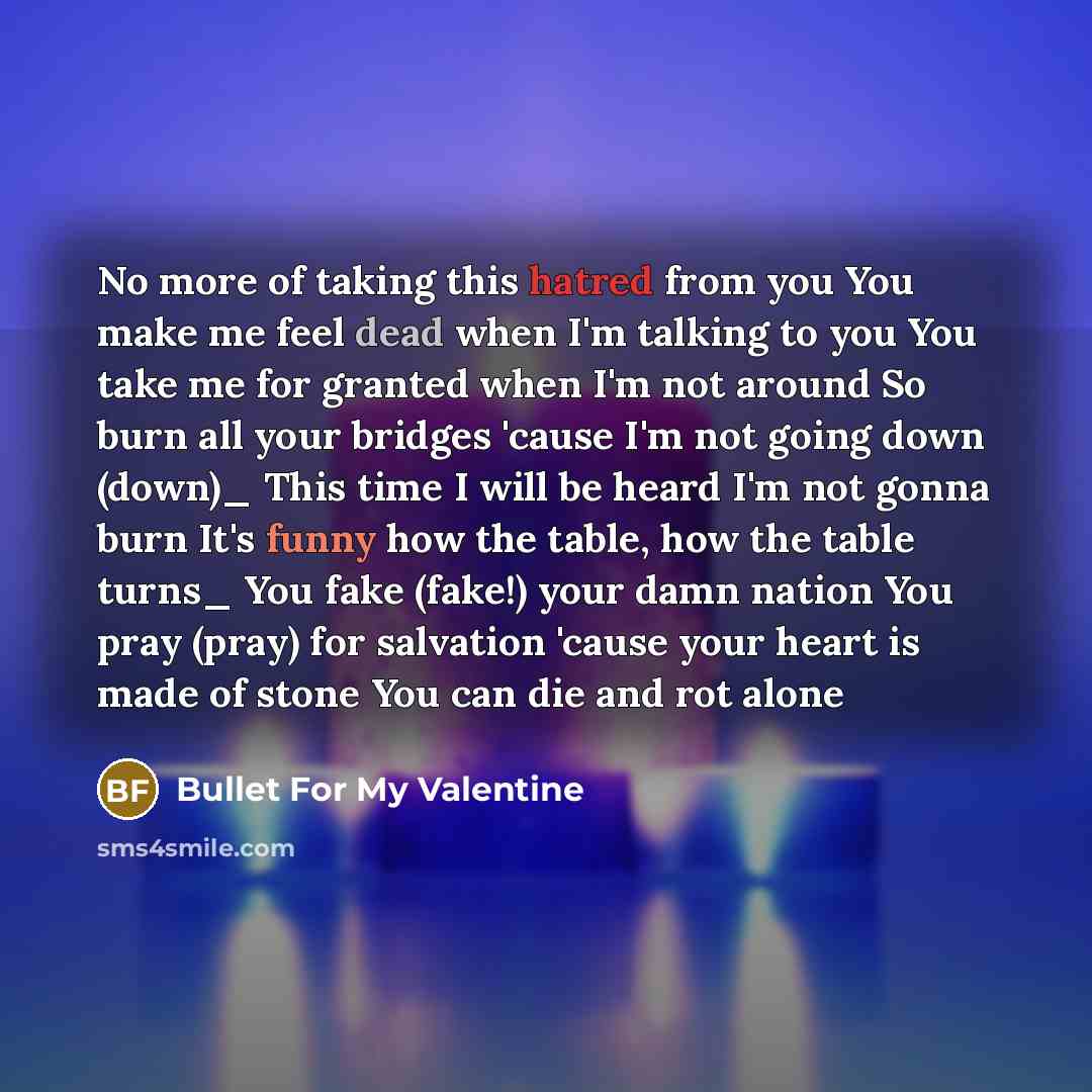 “No more of taking this hatred from you You make me feel dead when I'm talking to you You take me for granted when I'm not around So burn all your bridges 'cause I'm not going down (down)_ This time I will be heard I'm not gonna burn It's funny how the table, how the table turns_ You fake (fake!)…” quote by Bullet For My Valentine