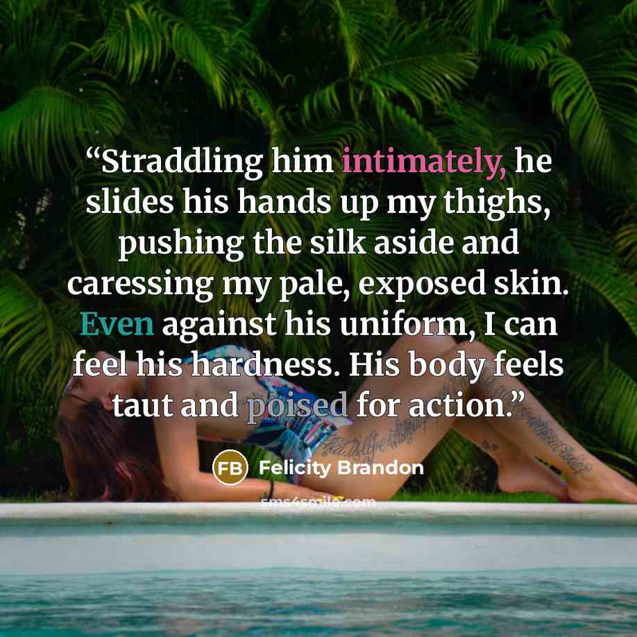 “Straddling him intimately, he slides his hands up my thighs, pushing the silk aside and caressing my pale, exposed skin. Even against his uniform, I can feel his hardness. His body feels taut and poised for action.” quote by Felicity Brandon