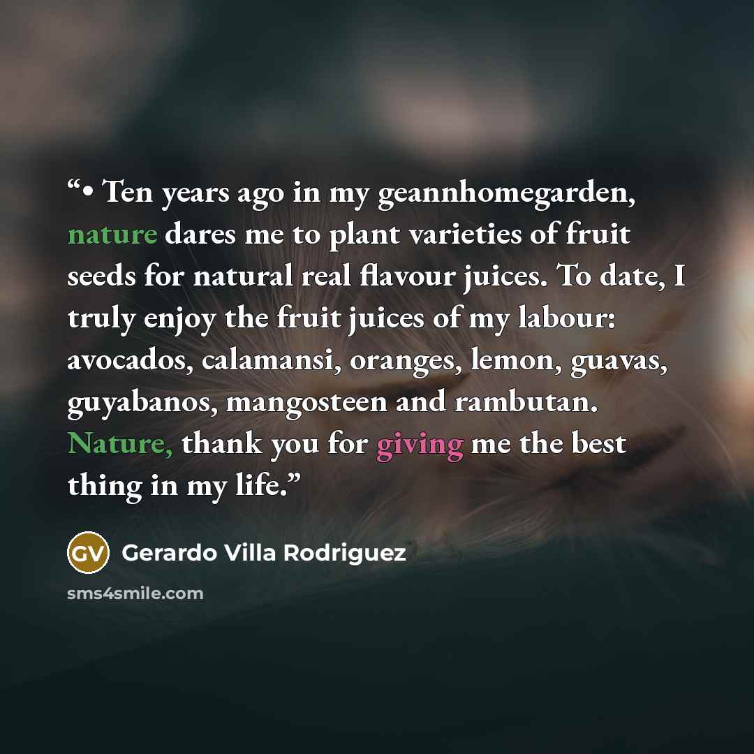 “• Ten years ago in my geannhomegarden, nature dares me to plant varieties of fruit seeds for natural real flavour juices. To date, I truly enjoy the fruit juices of my labour: avocados, calamansi, oranges, lemon, guavas, guyabanos, mangosteen and rambutan. Nature, thank you for giving me the best…” quote by Gerardo Villa Rodriguez
