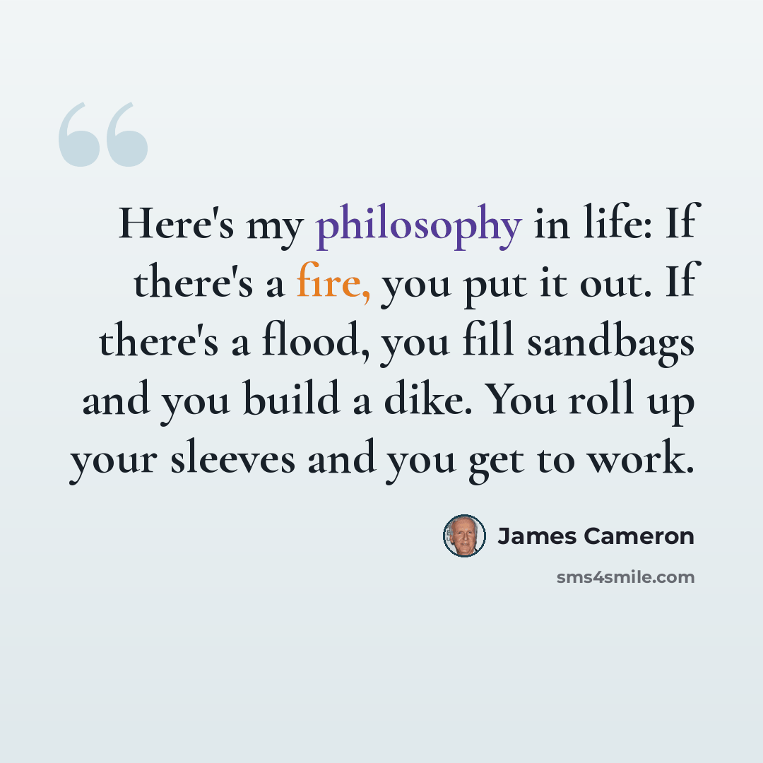 “Here's my philosophy in life: If there's a fire, you put it out. If there's a flood, you fill sandbags and you build a dike. You roll up your sleeves and you get to work.” quote by James Cameron