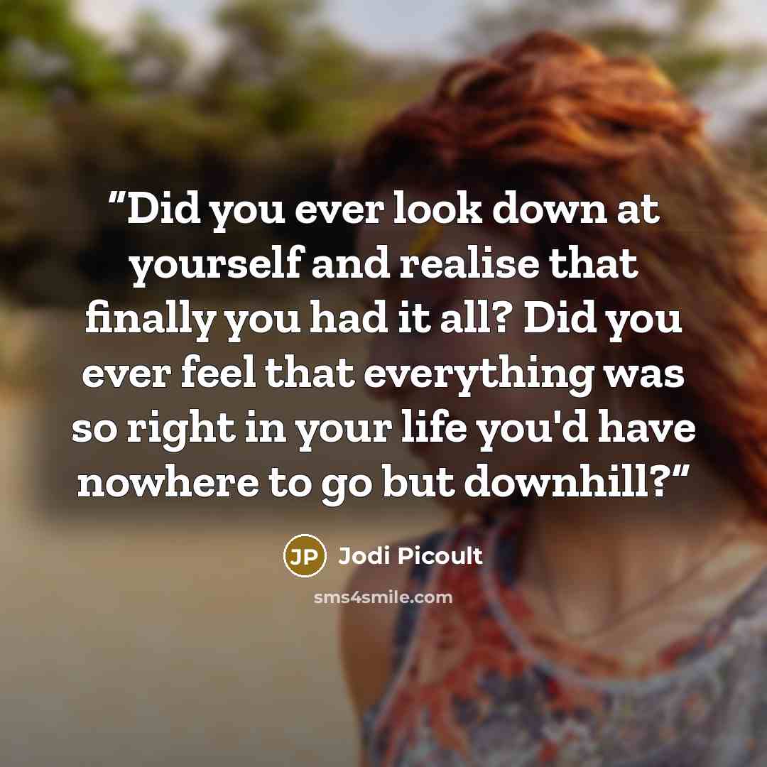 “Did you ever look down at yourself and realise that finally you had it all? Did you ever feel that everything was so right in your life you'd have nowhere to go but downhill?” quote by Jodi Picoult
