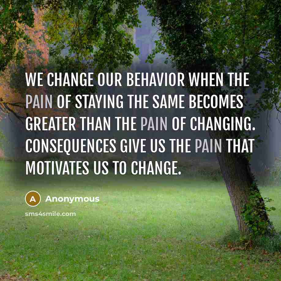 “We change our behavior when the pain of staying the same becomes greater than the pain of changing. Consequences give us the pain that motivates us to change.” quote by Anonymous