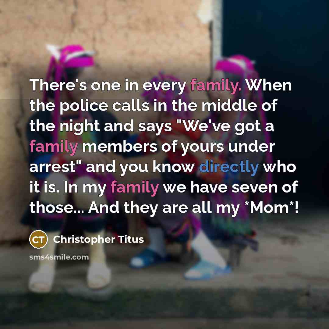 “There's one in every family. When the police calls in the middle of the night and says "We've got a family members of yours under arrest" and you know directly who it is. In my family we have seven of those... And they are all my *Mom*!” quote by Christopher Titus
