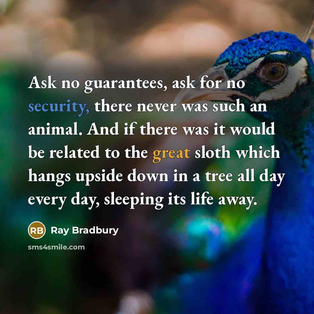 “Ask no guarantees, ask for no security, there never was such an animal. And if there was it would be related to the great sloth which hangs upside down in a tree all day every day, sleeping its life away.” quote by Ray Bradbury