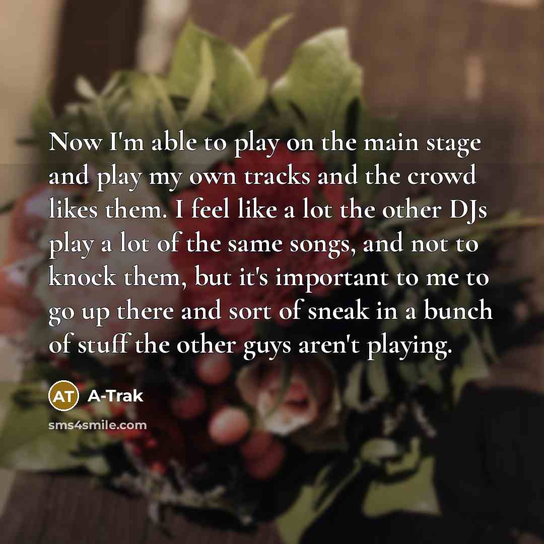 “Now I'm able to play on the main stage and play my own tracks and the crowd likes them. I feel like a lot the other DJs play a lot of the same songs, and not to knock them, but it's important to me to go up there and sort of sneak in a bunch of stuff the other guys aren't playing.” quote by A-Trak