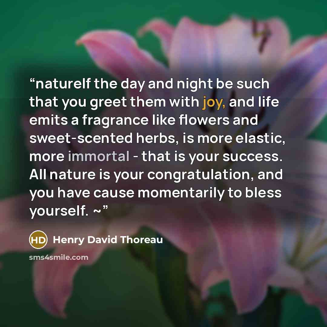 “natureIf the day and night be such that you greet them with joy, and life emits a fragrance like flowers and sweet-scented herbs, is more elastic, more immortal - that is your success. All nature is your congratulation, and you have cause momentarily to bless yourself. ~” quote by Henry David Thoreau