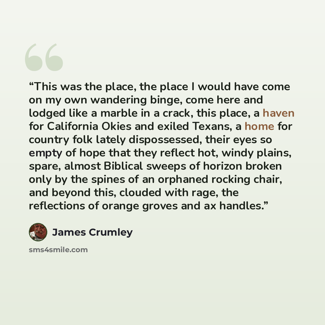 “This was the place, the place I would have come on my own wandering binge, come here and lodged like a marble in a crack, this place, a haven for California Okies and exiled Texans, a home for country folk lately dispossessed, their eyes so empty of hope that they reﬂect hot, windy plains, spare…” quote by James Crumley