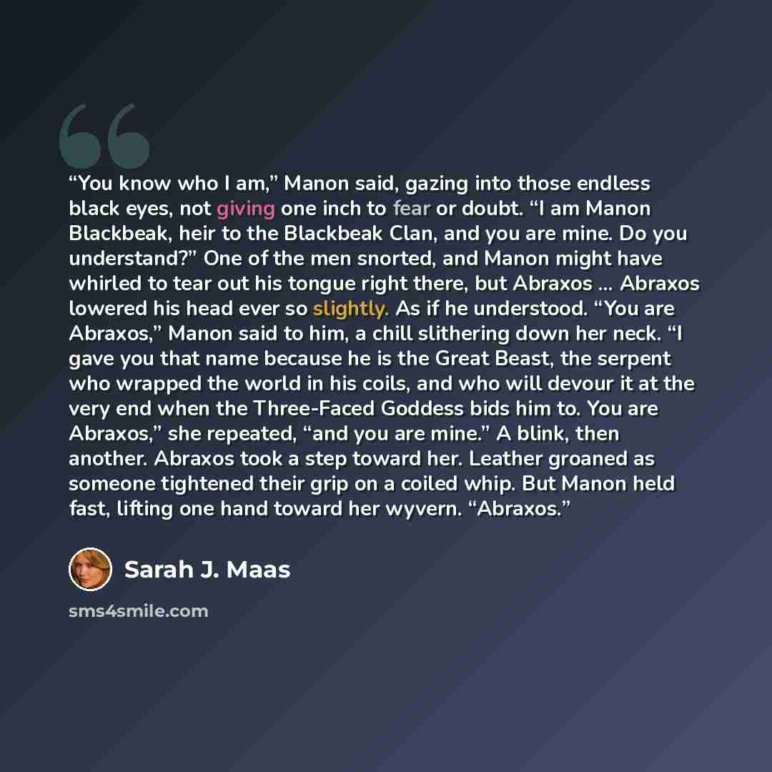 “You know who I am,” Manon said, gazing into those endless black eyes, not giving one inch to fear or doubt. “I am Manon Blackbeak, heir to the Blackbeak Clan, and you are mine. Do you understand?” One of the men snorted, and Manon might have whirled to tear out his tongue right there, but Abraxos…” quote by Sarah J. Maas