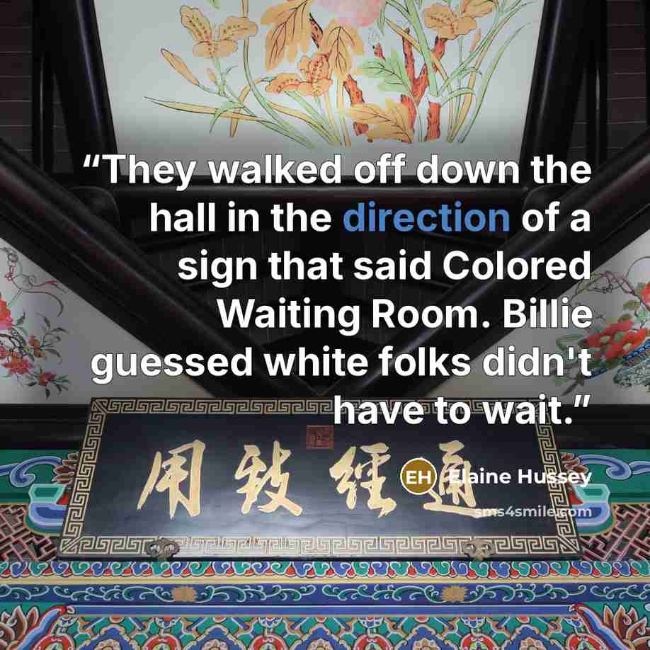 “They walked off down the hall in the direction of a sign that said Colored Waiting Room. Billie guessed white folks didn't have to wait.” quote by Elaine Hussey