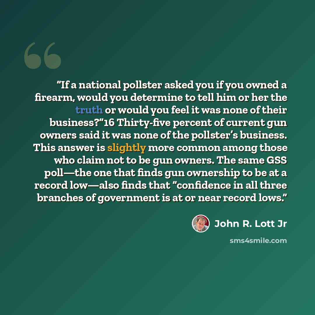 “If a national pollster asked you if you owned a firearm, would you determine to tell him or her the truth or would you feel it was none of their business?”16 Thirty-five percent of current gun owners said it was none of the pollster’s business. This answer is slightly more common among those who…” quote by John R. Lott Jr
