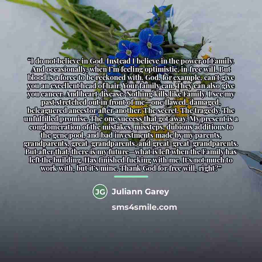 “I do not believe in God. Instead I believe in the power of Family. And occasionally, when I’m feeling optimistic, in free will. But blood is a force to be reckoned with. God, for example, can’t give you an excellent head of hair. Your family can. They can also give you cancer. And heart disease…” quote by Juliann Garey
