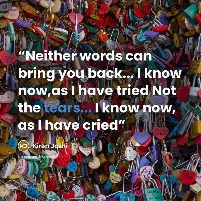 “Neither words can bring you back... I know now,as I have tried Not the tears... I know now, as I have cried” quote by Kiran Joshi