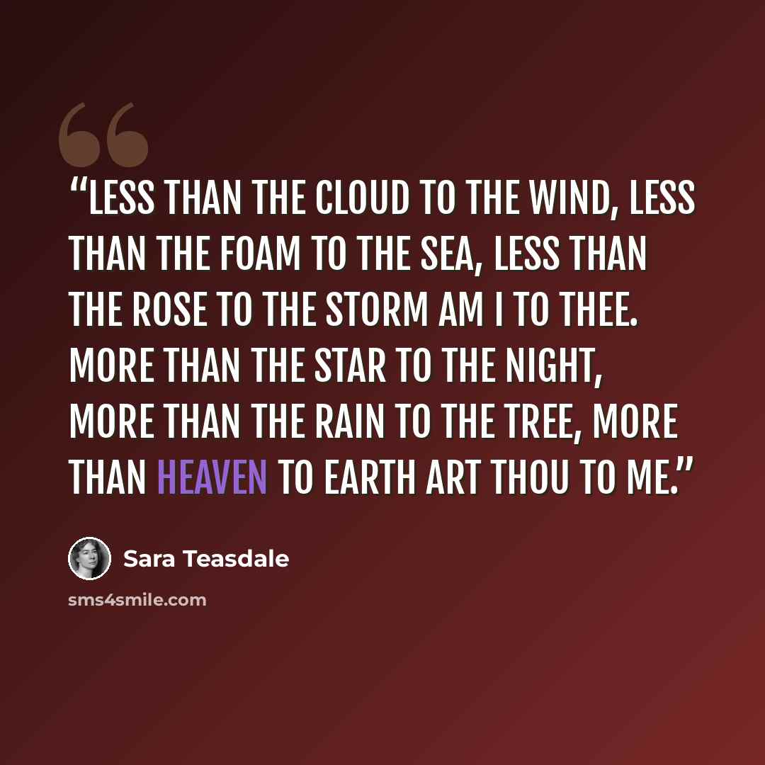 “Less than the cloud to the wind, Less than the foam to the sea, Less than the rose to the storm Am I to thee. More than the star to the night, More than the rain to the tree, More than heaven to earth Art thou to me.” quote by Sara Teasdale