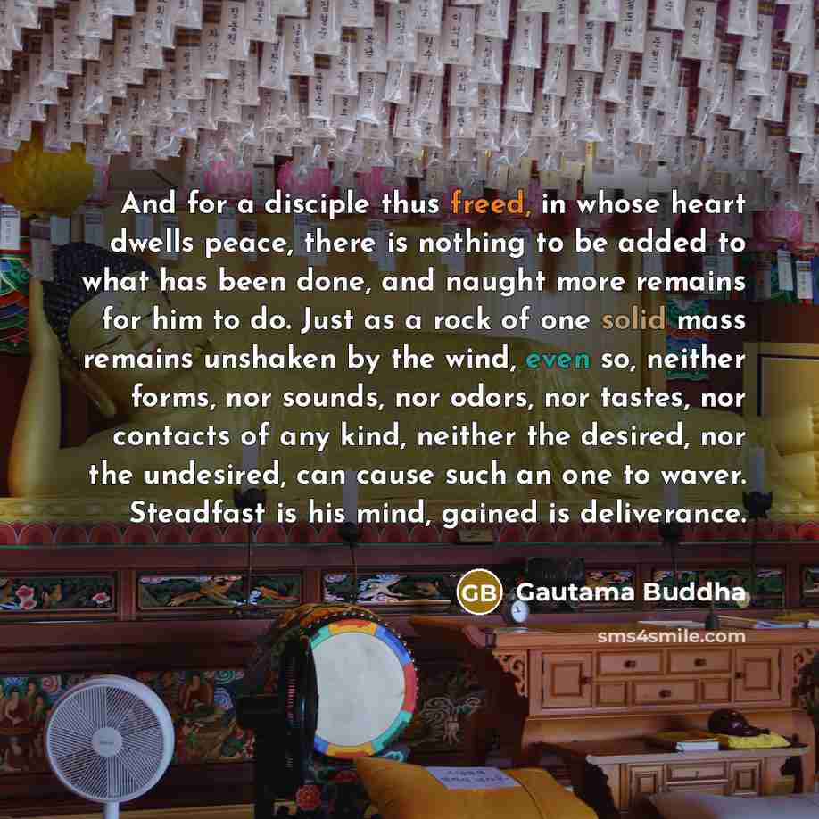 “And for a disciple thus freed, in whose heart dwells peace, there is nothing to be added to what has been done, and naught more remains for him to do. Just as a rock of one solid mass remains unshaken by the wind, even so, neither forms, nor sounds, nor odors, nor tastes, nor contacts of any kind…” quote by Gautama Buddha