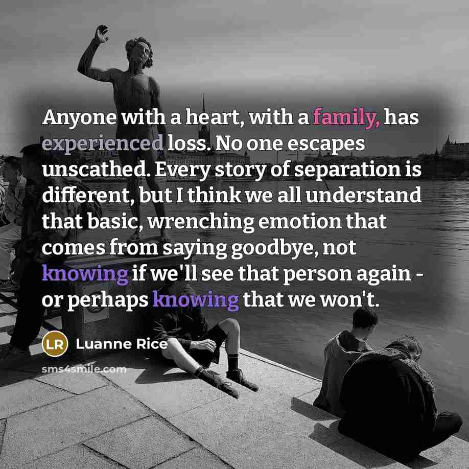 “Anyone with a heart, with a family, has experienced loss. No one escapes unscathed. Every story of separation is different, but I think we all understand that basic, wrenching emotion that comes from saying goodbye, not knowing if we'll see that person again - or perhaps knowing that we won't.” quote by Luanne Rice