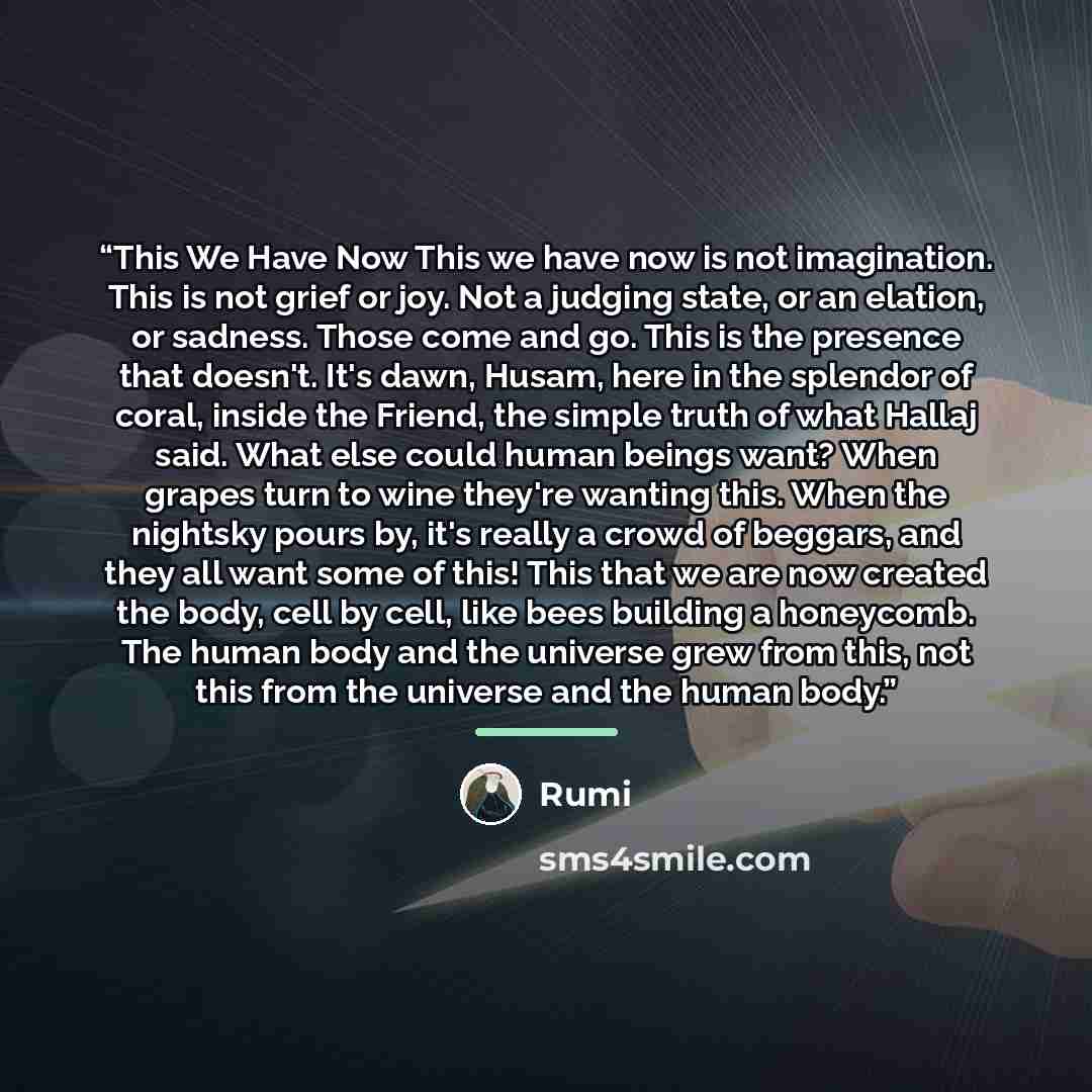 “This We Have Now This we have now is not imagination. This is not grief or joy. Not a judging state, or an elation, or sadness. Those come and go. This is the presence that doesn't. It's dawn, Husam, here in the splendor of coral, inside the Friend, the simple truth of what Hallaj said. What else…” quote by Rumi