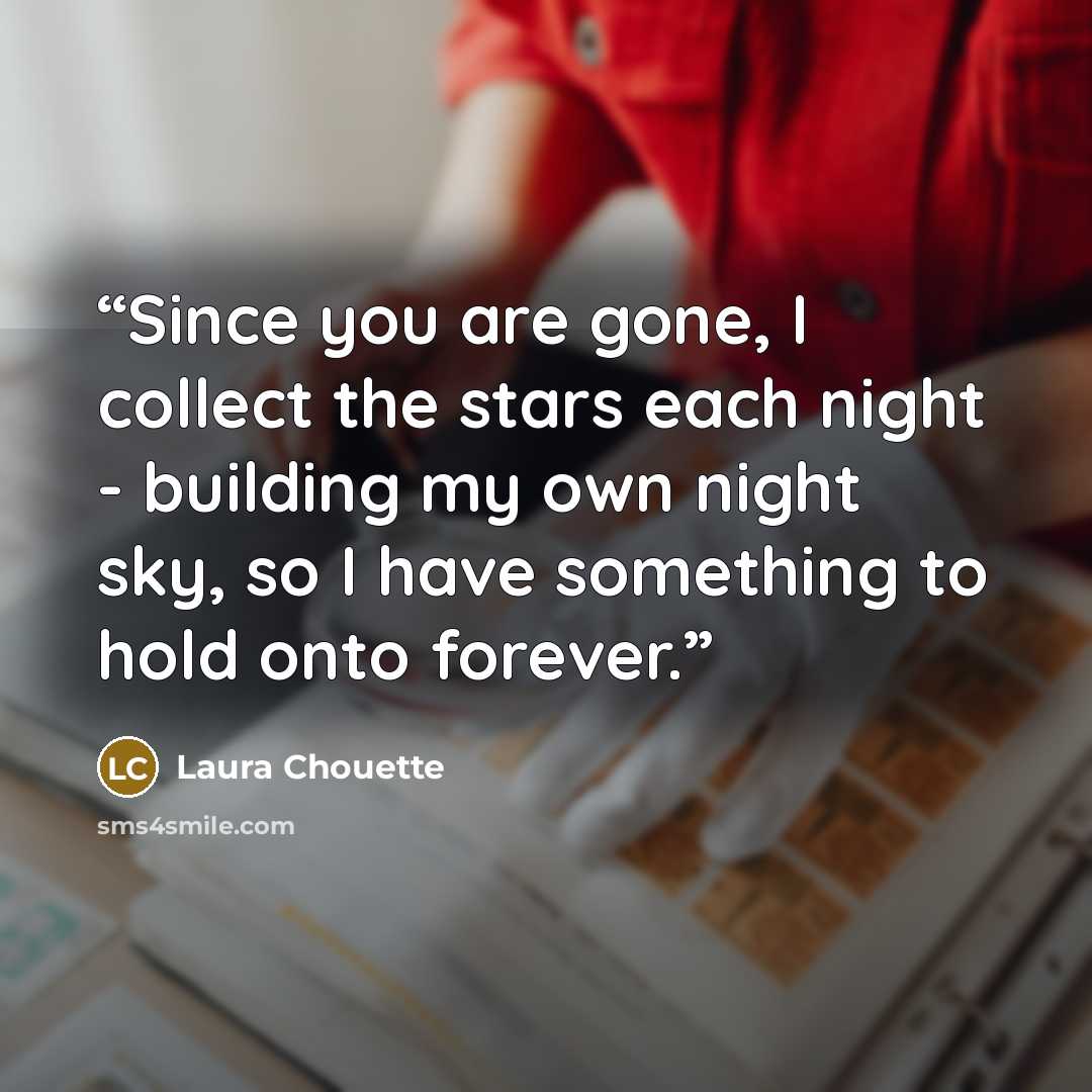 “Since you are gone, I collect the stars each night - building my own night sky, so I have something to hold onto forever.” quote by Laura Chouette
