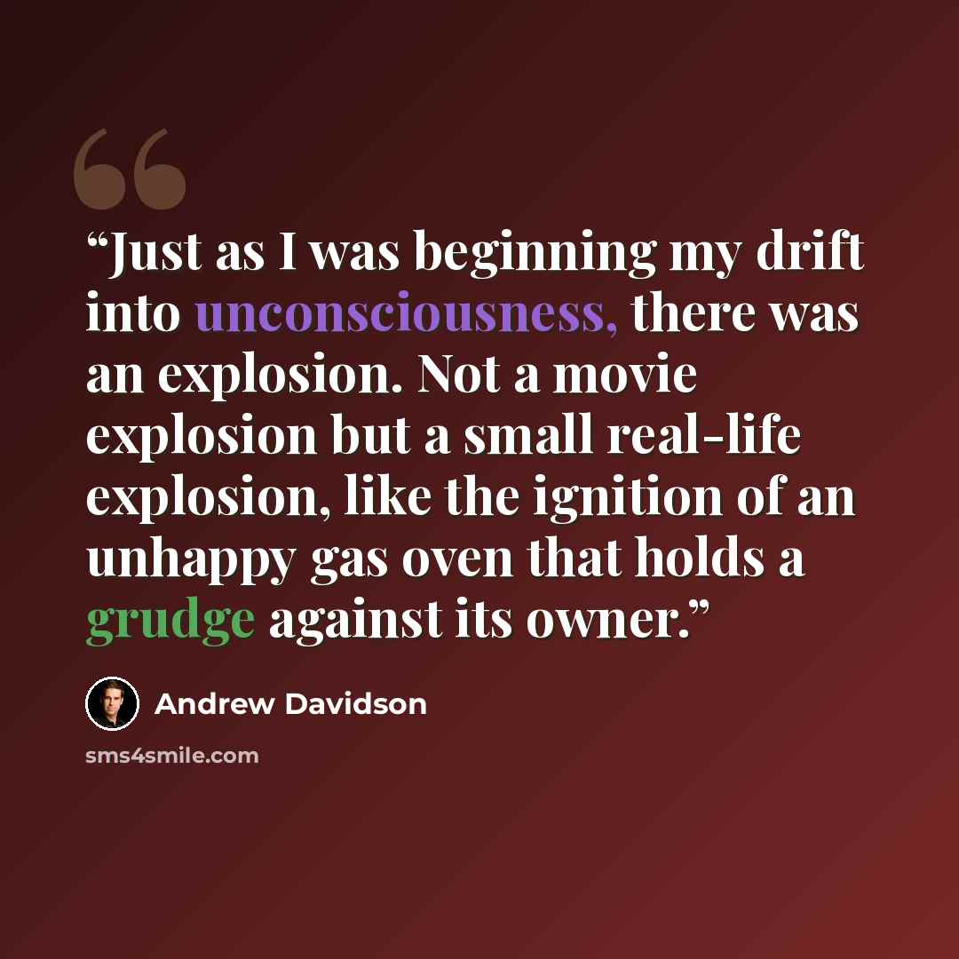 “Just as I was beginning my drift into unconsciousness, there was an explosion. Not a movie explosion but a small real-life explosion, like the ignition of an unhappy gas oven that holds a grudge against its owner.” quote by Andrew Davidson