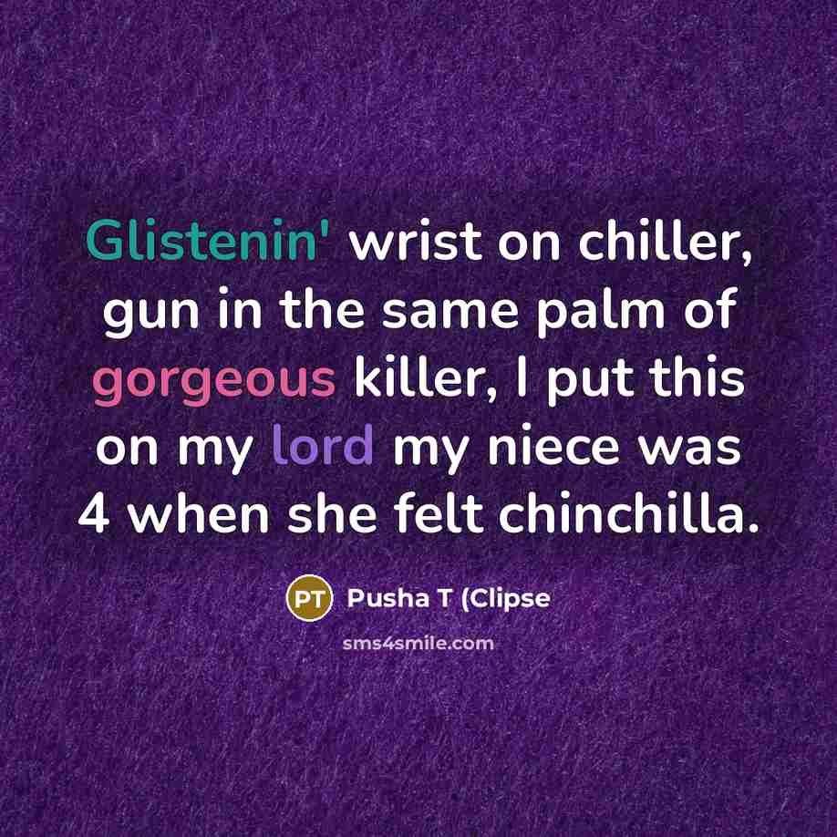 “Glistenin' wrist on chiller, gun in the same palm of gorgeous killer, I put this on my lord my niece was 4 when she felt chinchilla.” quote by Pusha T (Clipse