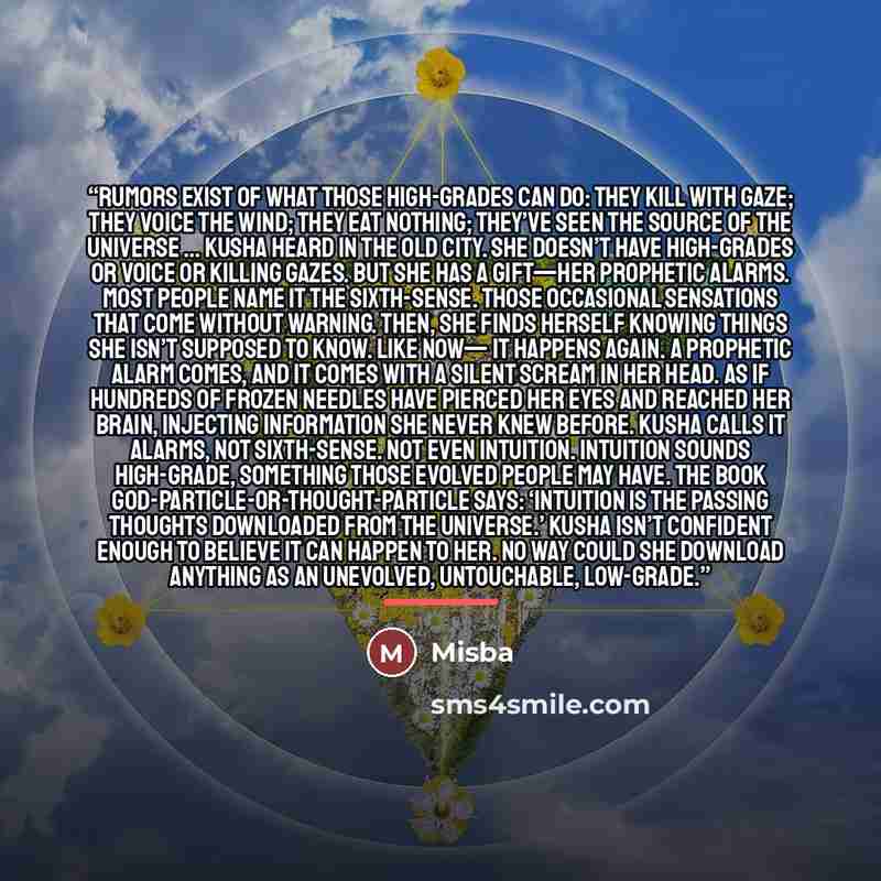 “Rumors exist of what those High-Grades can do: They kill with gaze; they voice the wind; they eat nothing; they’ve seen the source of the universe … Kusha heard in the Old City. She doesn’t have High-Grades or voice or killing gazes. But she has a gift—her prophetic alarms. Most people name it the…” quote by Misba