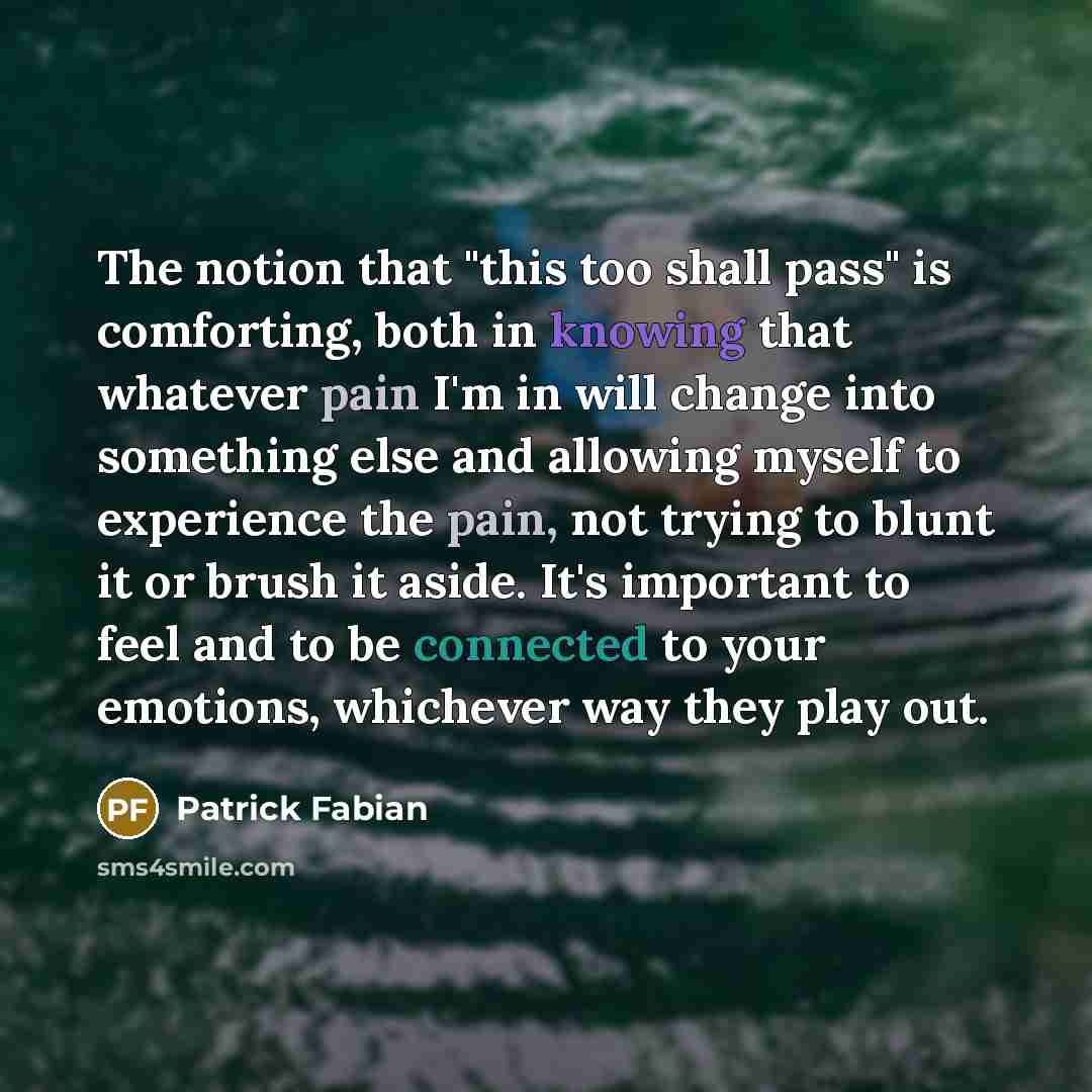 “The notion that "this too shall pass" is comforting, both in knowing that whatever pain I'm in will change into something else and allowing myself to experience the pain, not trying to blunt it or brush it aside. It's important to feel and to be connected to your emotions, whichever way they play…” quote by Patrick Fabian
