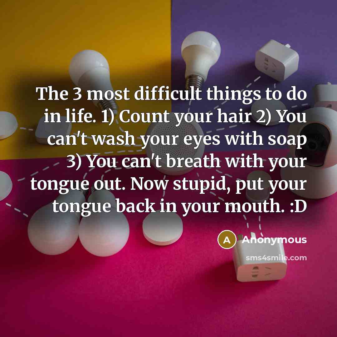 “The 3 most difficult things to do in life. 1) Count your hair 2) You can't wash your eyes with soap 3) You can't breath with your tongue out. Now stupid, put your tongue back in your mouth. :D” quote by Anonymous