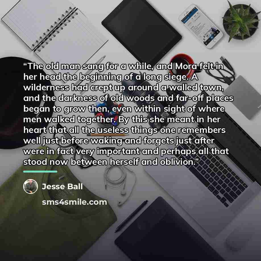 “The old man sang for a while, and Mora felt in her head the beginning of a long siege. A wilderness had crept up around a walled town, and the darkness of old woods and far-off places began to grow then, even within sight of where men walked together. By this she meant in her heart that all the…” quote by Jesse Ball