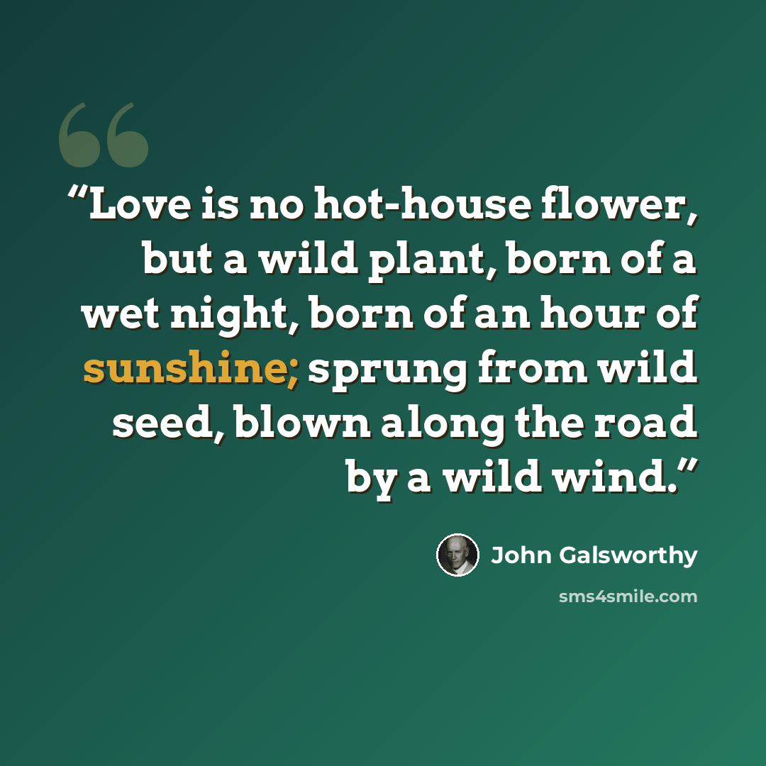 “Love is no hot-house flower, but a wild plant, born of a wet night, born of an hour of sunshine; sprung from wild seed, blown along the road by a wild wind.” quote by John Galsworthy