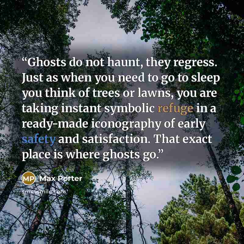 “Ghosts do not haunt, they regress. Just as when you need to go to sleep you think of trees or lawns, you are taking instant symbolic refuge in a ready-made iconography of early safety and satisfaction. That exact place is where ghosts go.” quote by Max Porter
