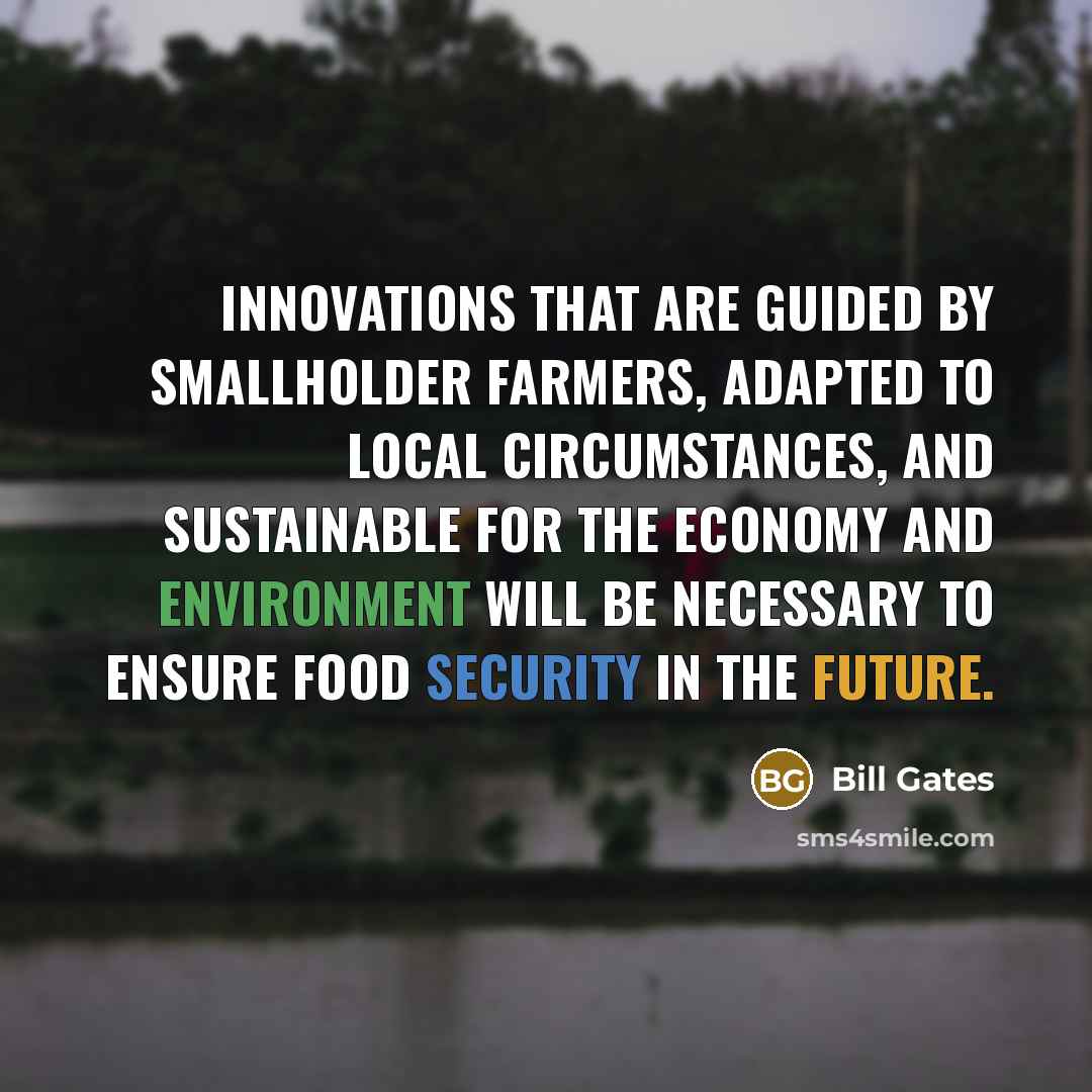 “Innovations that are guided by smallholder farmers, adapted to local circumstances, and sustainable for the economy and environment will be necessary to ensure food security in the future.” quote by Bill Gates