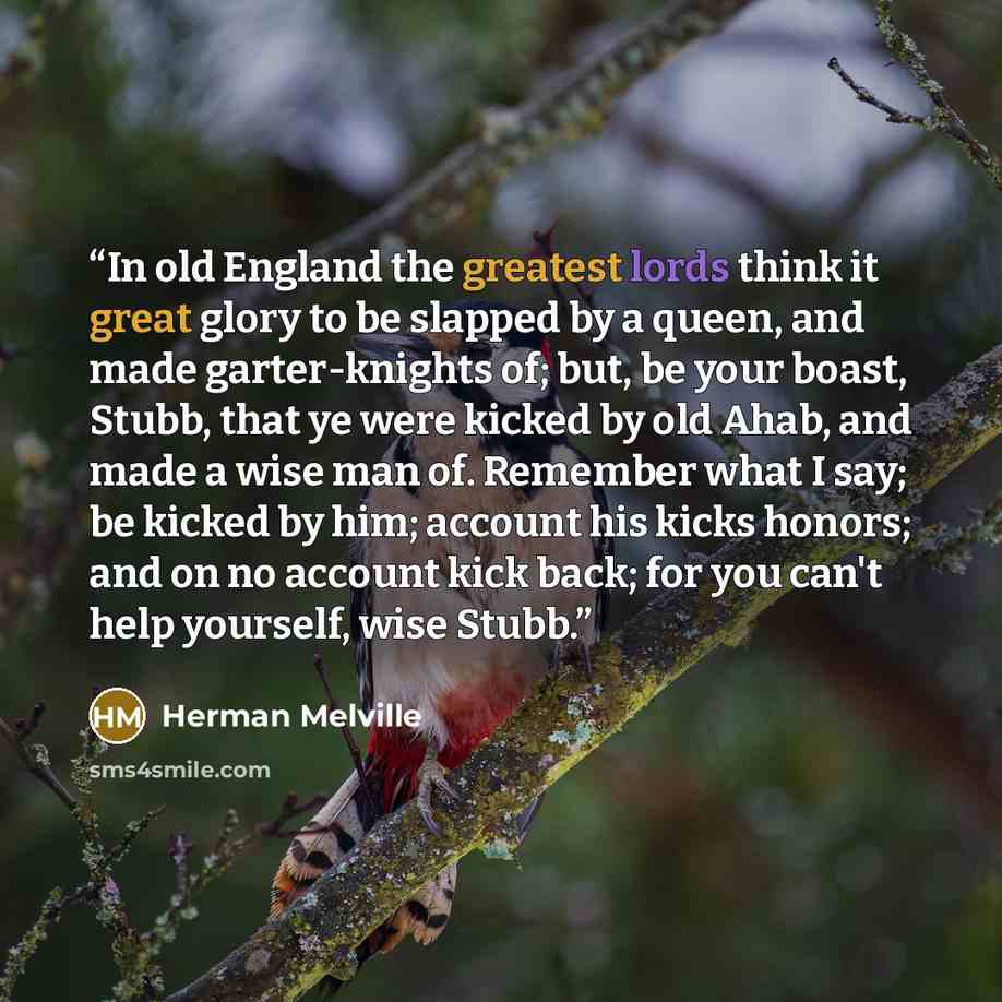 “In old England the greatest lords think it great glory to be slapped by a queen, and made garter-knights of; but, be your boast, Stubb, that ye were kicked by old Ahab, and made a wise man of. Remember what I say; be kicked by him; account his kicks honors; and on no account kick back; for you…” quote by Herman Melville