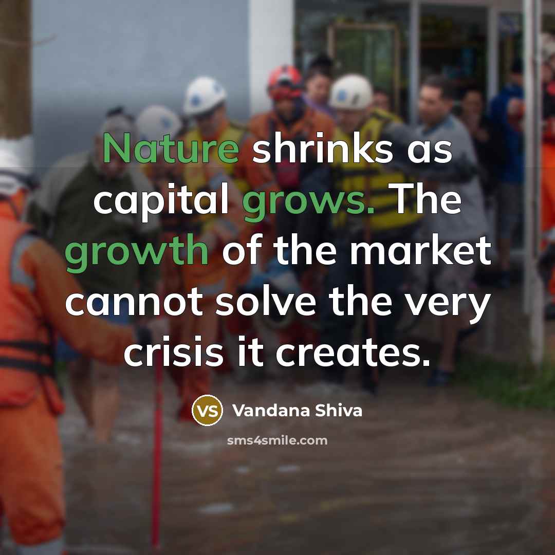 “Nature shrinks as capital grows. The growth of the market cannot solve the very crisis it creates.” quote by Vandana Shiva
