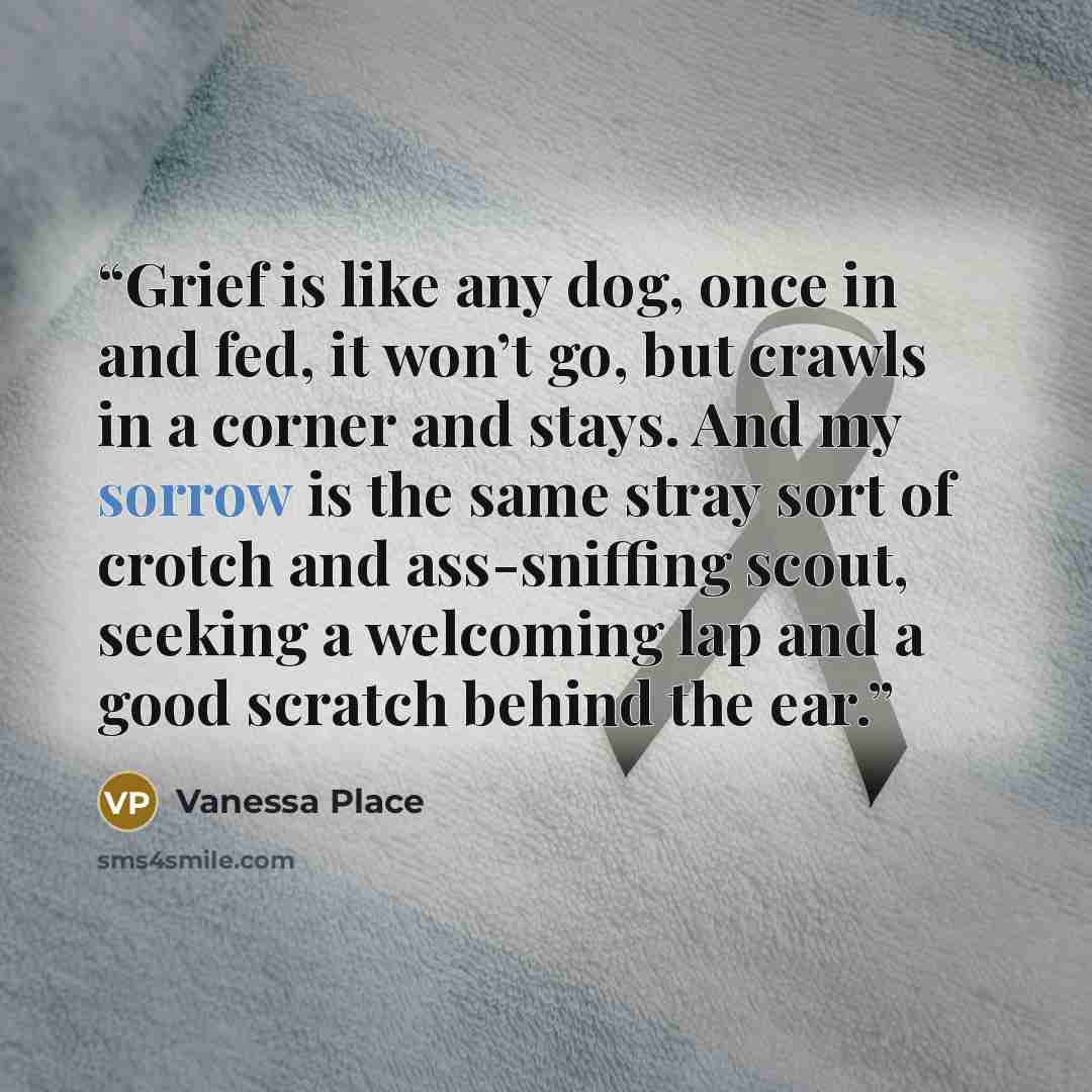 “Grief is like any dog, once in and fed, it won’t go, but crawls in a corner and stays. And my sorrow is the same stray sort of crotch and ass-sniffing scout, seeking a welcoming lap and a good scratch behind the ear.” quote by Vanessa Place