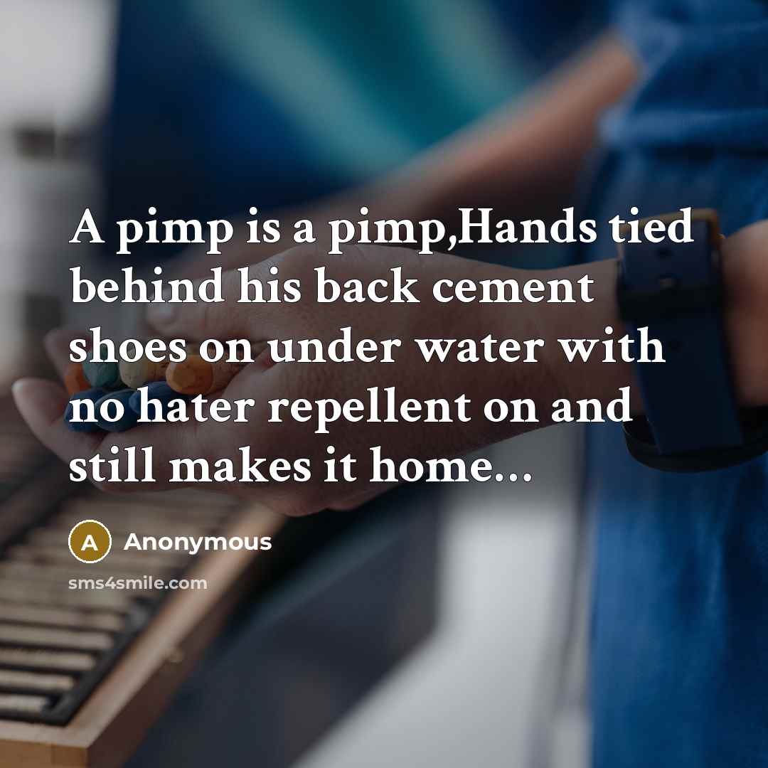 “A pimp is a pimp,Hands tied behind his back cement shoes on under water with no hater repellent on and still makes it home…” quote by Anonymous