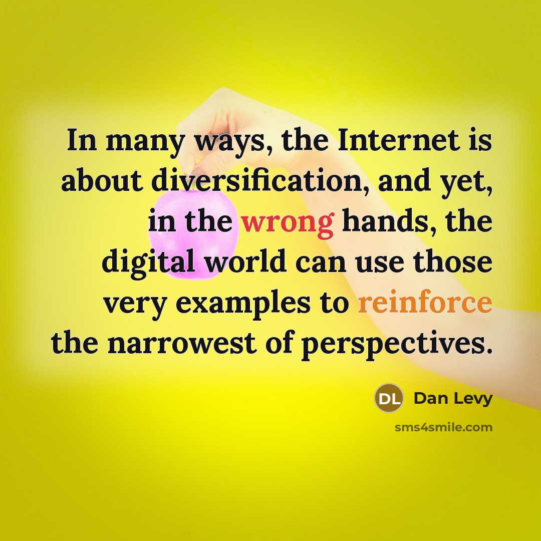 “In many ways, the Internet is about diversification, and yet, in the wrong hands, the digital world can use those very examples to reinforce the narrowest of perspectives.” quote by Dan Levy